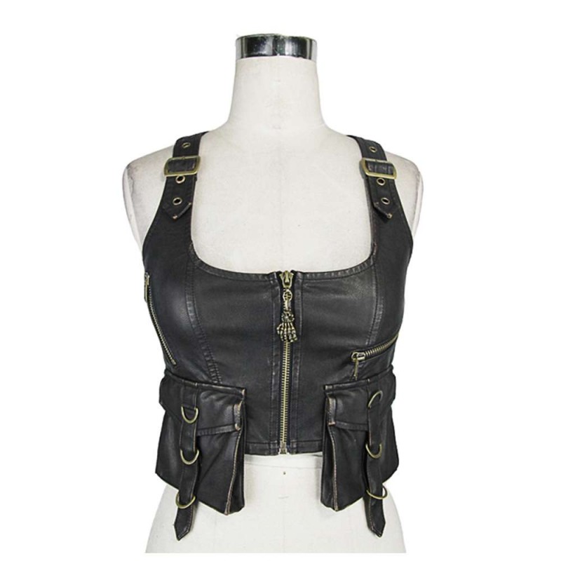 Women PU Leather Vest Black Short Jacket Coats Motorcycle Waistcoats Punk Rock Military